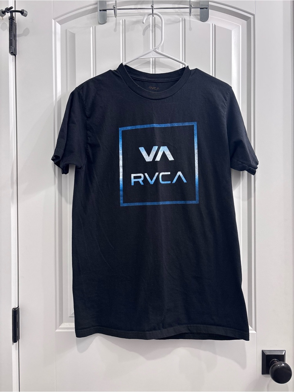 RVCA Black Tee with Blue Logo Square
